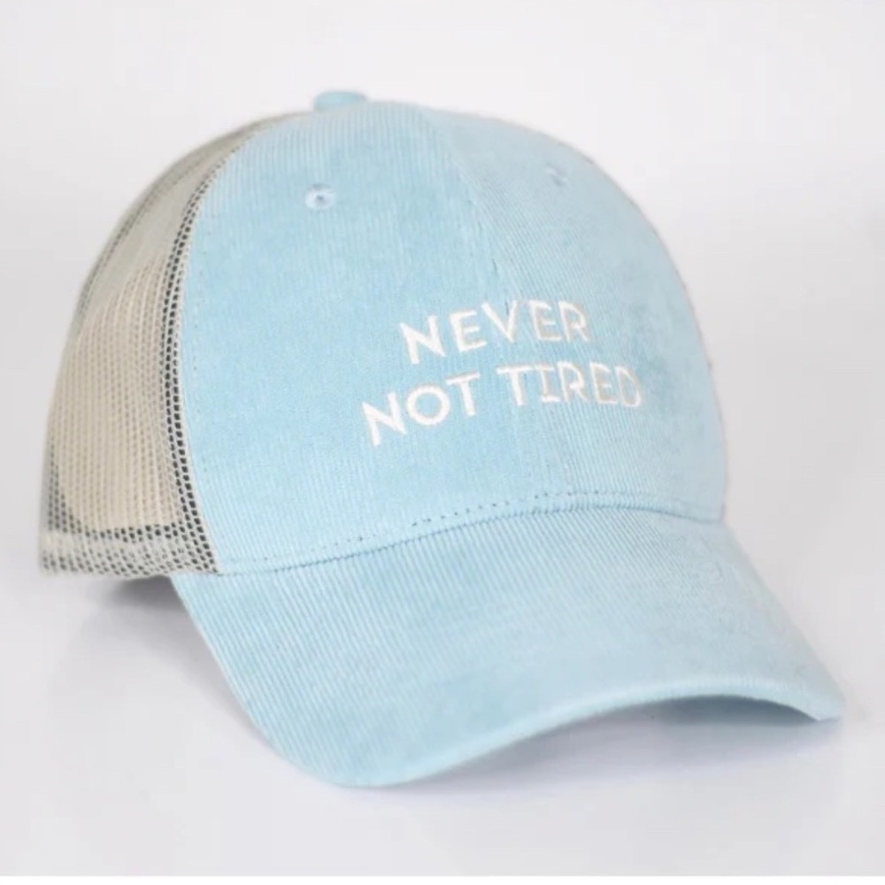Mugsy Never Not Tired Hat Light Blue Corduroy Mesh Trucker Cap Snapback Unisex